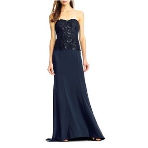 AIDAN MATTOX Strapless Peplum Prom Formal Gown Navy